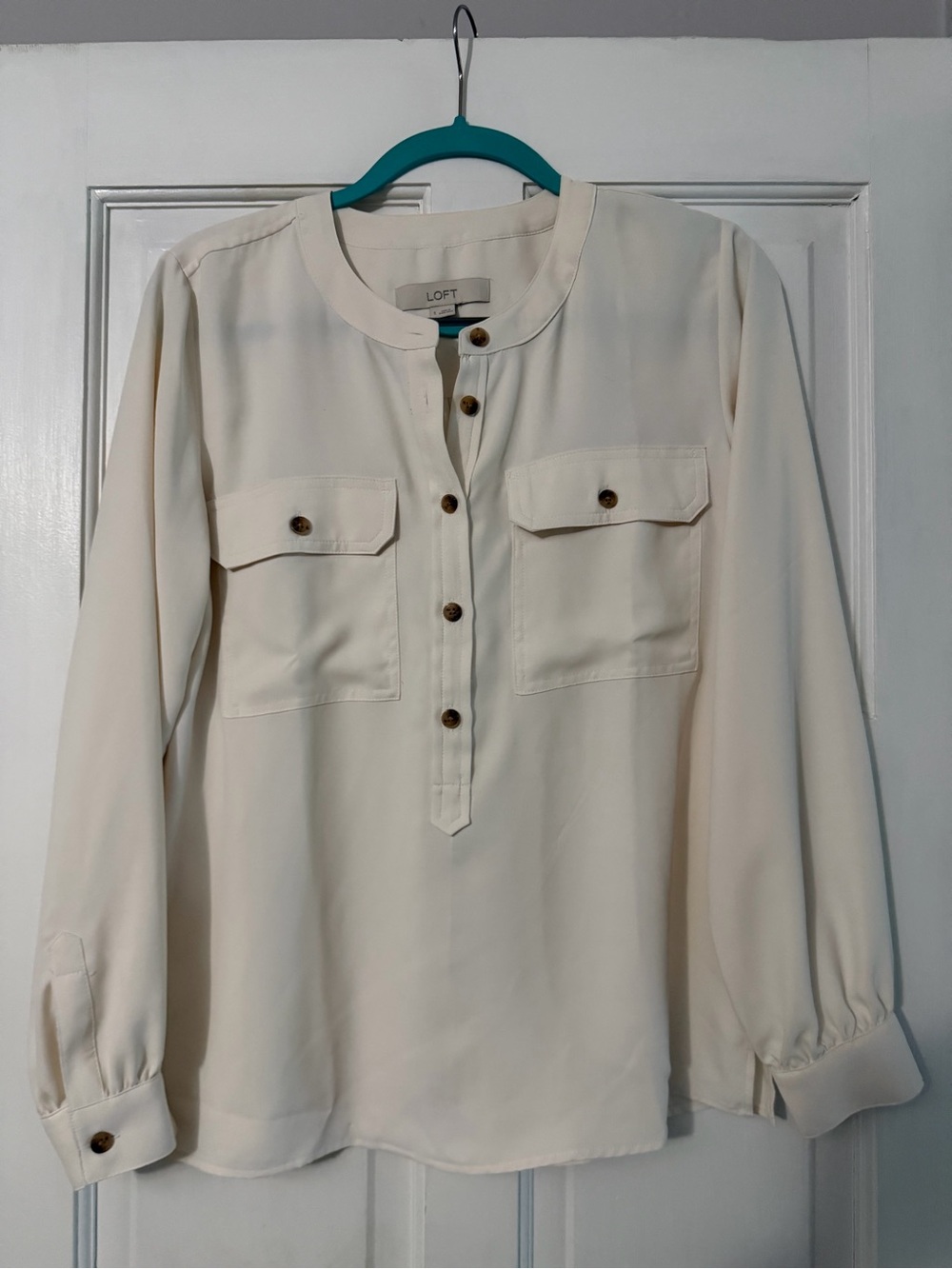 LOFT Cream Utility Button-Front Blouse